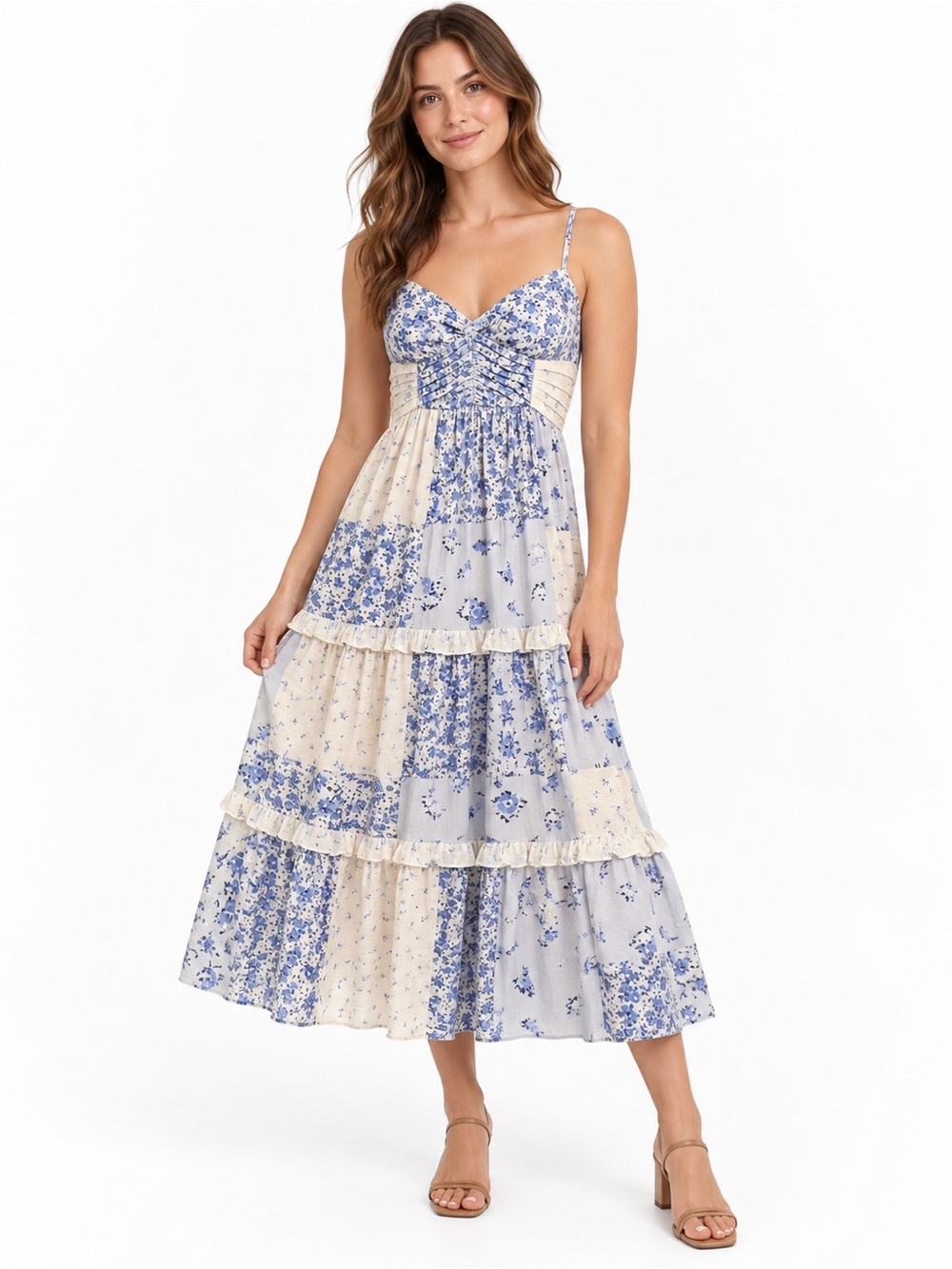 Blu Pepper Patchwork Floral Tiered Midi Dress Blue White Size L